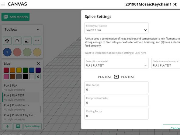 If the First and Second Material are the same (ex. PLA - PLA), the Heat, Compression, and Cooling factors will be the same regardless of which material is fed into Palette first. Only one set of values will be needed.