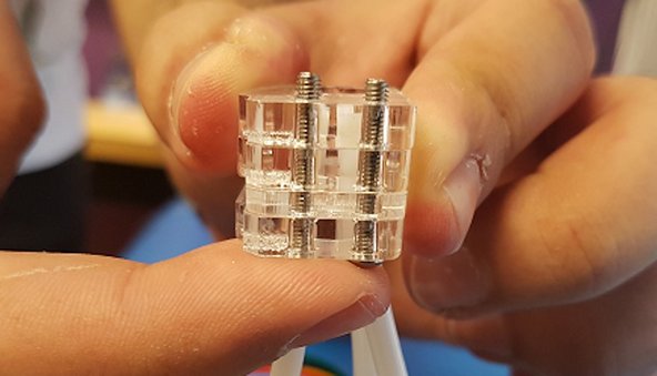 Hold the pieces carefully and replace the two screws, going from the bottom towards the top.