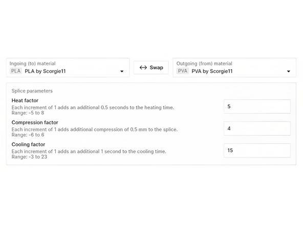 Before printing with soluble supports, please perform Splice Tuning for Palette 3 when splicing together the materials used in the print. Soluble materials will typically require high cooling times, and you'll need to experiment to get the best splices possible.