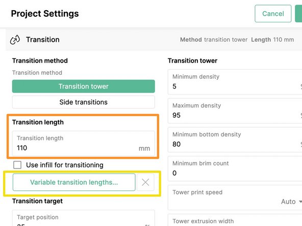 Transition Length: The transition length will determine the amount of filament extruded when transitioning from one color to another. Higher transition lengths can help reduce bleed, but will increase print times and transition tower size.