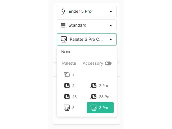 On the top right of the project view, select the desired printer profile, style profile and Palette model.