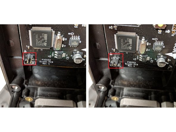 On the Screen PCB, you'll need to 'jump' your board. Use the jumper on the highlighted pins. The left picture shows the pins without the jumper, and the right photo shows how the jumper should be positioned on the pins.
