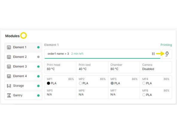 Status: Indicates the overall status of the Array system, Element printers, storage usage, and number of print beds remaining in the storage cart.