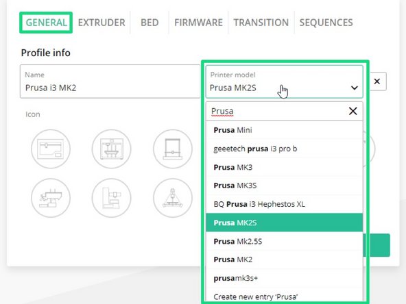 Select from existing printer models, or create a new entry if the printer is not available.