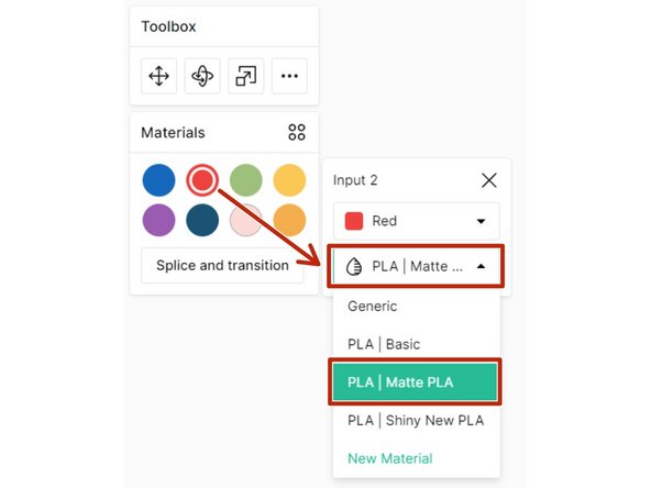 In this example, drives 1 (blue) and 2 (red) are of the same material but different colors will be loaded into Palette. If any remaining drives are used for this print, please ensure the material profile is also selected.