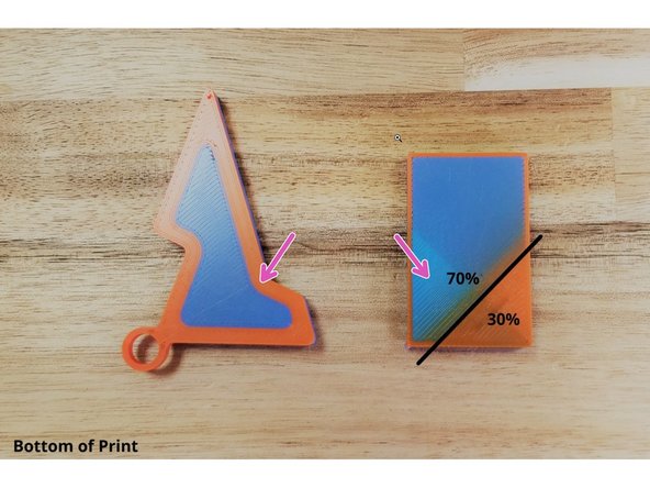 The print is considered successful if 1)  the bottom of the keychain print has clearly defined colored regions. 2) the bottom of the transition tower also has a clear color change.
