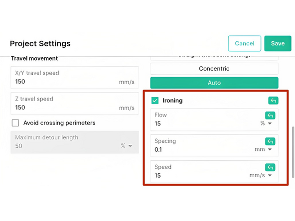Ironing smooths out top layers by travelling along them and re-extruding a small amount of filament to fill the troughs between extrusions. The resulting print will have a smooth top surface finish.