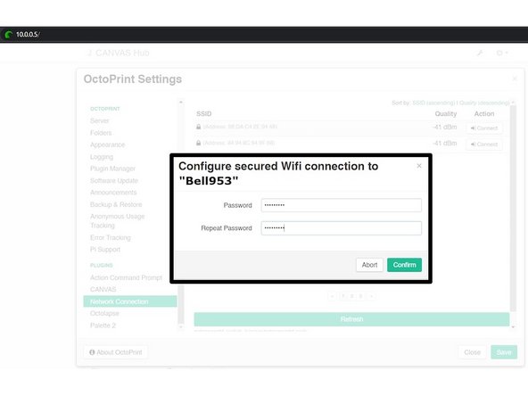 In our example, we've connected to network &quot;BELL953&quot;. Canvas Hub will automatically restart itself after this selection to connect to the chosen network.