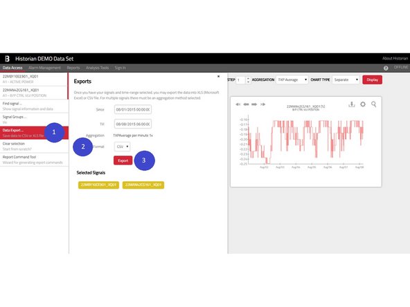 The export panel which opens under the Data Export menu item (1) summarizes the export parameters - list of signals, aggregations, file format (2) - and allows a precise specification of the time range (up to the seconds).