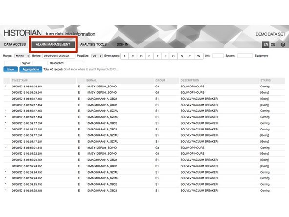 Alarm management serves as a browser page for Sequence of Events (SOE) data.