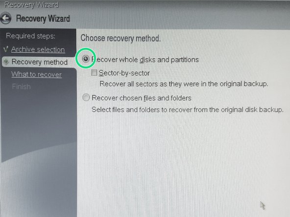 Select Recovery method - &quot;Recover whole disk and partitions&quot;
