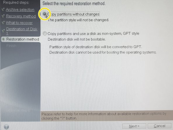 Select restoration method &quot;Copy partitions without changes&quot;