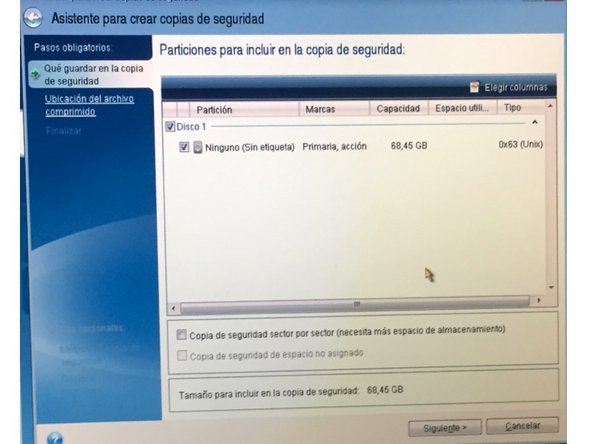 Select disks and partitions to backup