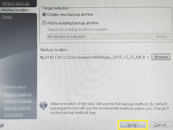 Click &quot;OK&quot; when ready, verify next page and if happy press &quot;Next&quot; button and backup summary will be shown.