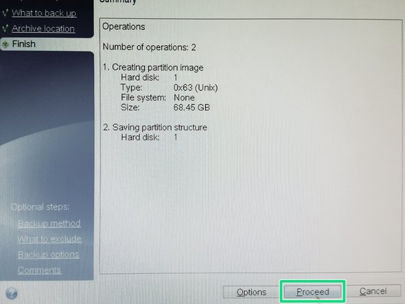 Hit &quot;Proceed&quot; button to begin with Back Up