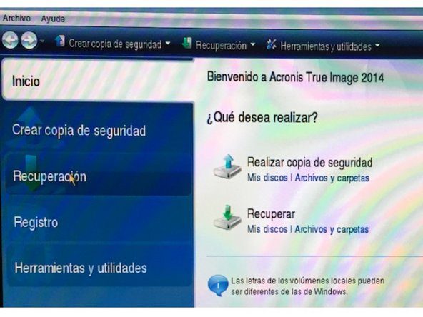 “Recuperacion” and instruct Acronis to search for backup.