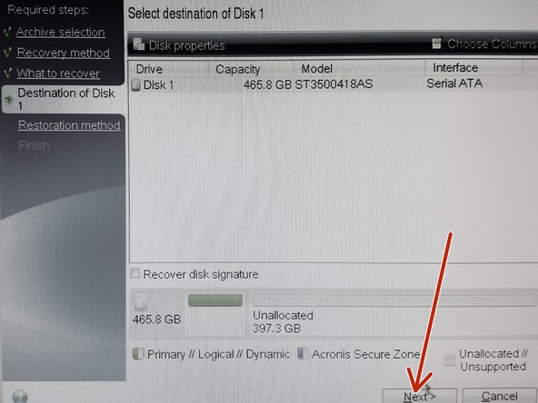Verify target disk and hit &quot;Next&quot; button