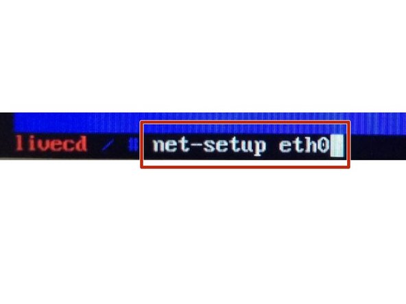 Seguidamente vamos a configurar la red. Para ello ejecutamos el comando net-setup eth0