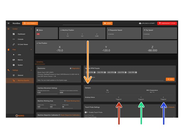 On the same page, under the Panel called 'Sensors' we can test the Limit Switches.