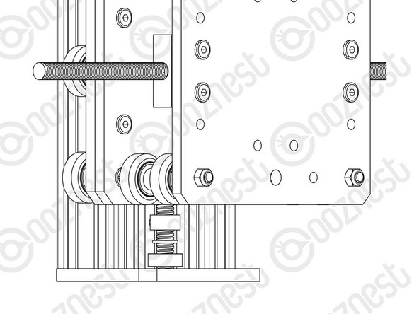 Thread the Z-ACME-Screw through the ACME-Anti-Backlash-Nut-Block, it may be hard to thread the Z-ACME-Screw through the ACME-Anti-Backlash-Nut-Block for the first time. Once through, slide on a 8mm-Lock-Collar, 8mm-Shim, and a F688ZZ-Bearing (facing upwards) in this order.