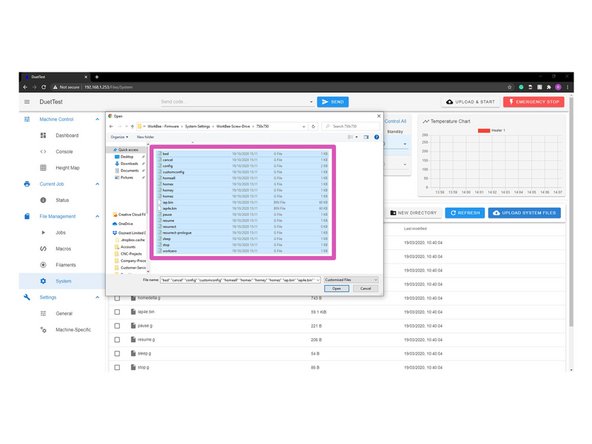 Click Upload System Files under the File Management - Settings Tab in the Duet Web Control.