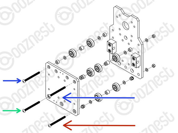 Assemble the bottom right Solid-Wheel set first. Insert a M5-Button-Head-Bolt-60mm through the X-Plate-Front from the front.