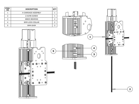 Slide the Z-ACME-Screw through the bottom of the Z-End-Mount-Bottom. Then slide on a 688ZZ-Bearing, 8mm-Shim, and a 8mm-Lock-Collar in this order.