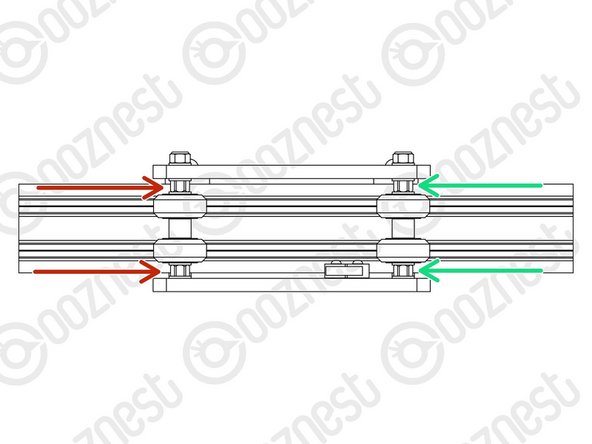 Insert Extrusion-D in-between the two rows of wheels. Turn the assembly upside down so Extrusion-D is sitting on the top row of Solid-Wheels.