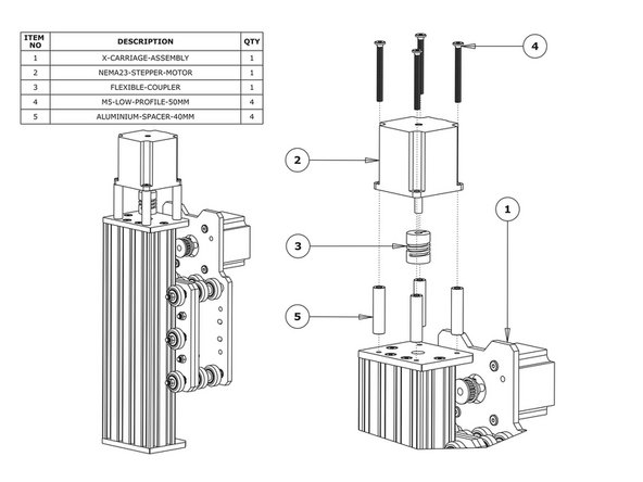 Slide the 1/4” side (the side with the smallest hole) of the Flexible-Coupler onto the shaft of the NEMA23-Stepper-Motor. Don’t tighten it down at this point.
