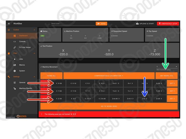 Use the job buttons to centre the end mill over the front left corner of the MDF.