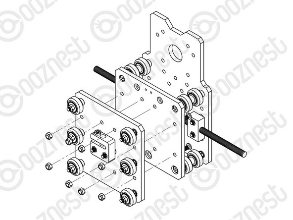Mate the Z-Plate-Assembly to the X-Carriage-Assembly in the orientation seen above. Use 8 x M5-Low-Profile-20mm bolts and 8 x M5-Nyloc-Nuts to secure the two assemblies together.