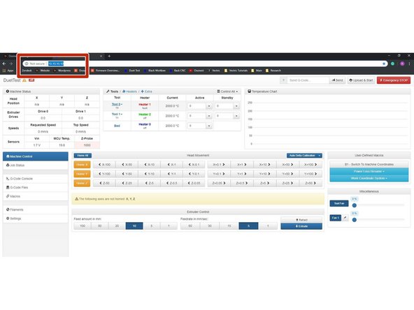 Open your browser and type the IP address assigned to the Duet. We have used 10.10.10.10 as an example.