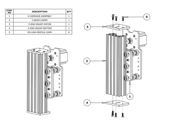 Slide the C-Beam-250mm through the Z-Wheels on the X-Carriage-Assembly.