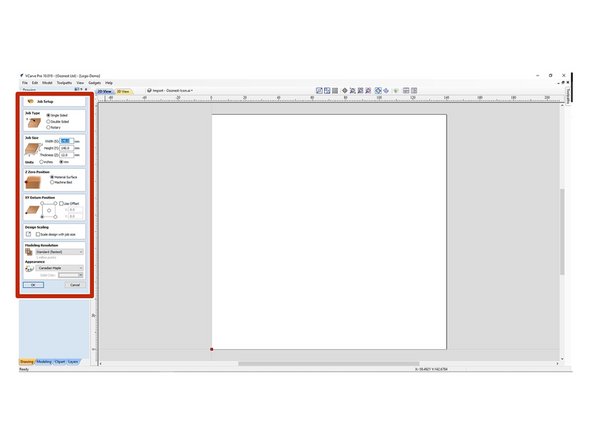 In the CAM Program configure your Job Setup, adding in the relevant information for the Job Type, Size and Z Datum and XY Zero Position.