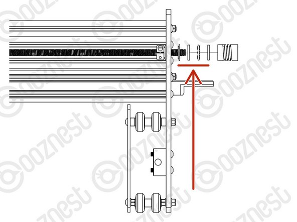 On the Lead-Screw-X protruding from the Y-Carriage-Left (Remember it is on your right, as we are still looking from the back) slide on a Nylon-Shoulder-Washer - -&gt;- - Thrust-Bearing-Housing-Washer - -&gt;- - Thrust-Bearing-Caged-Roller - -&gt;- - Thrust-Bearing-Shaft-Washer