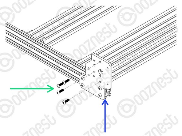 Attach the Y-End-Plate to Extrusion-F using 4 x M5-Button-Head-Bolt-16mm through the non-threaded holes on the Y-End-Plate and into the threaded holes on Extrusion-F.