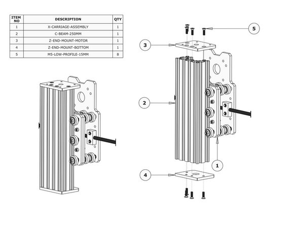 Slide the C-Beam-250mm through the Z-Wheels on the X-Carriage-Assembly.