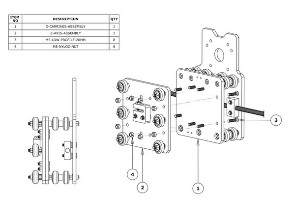Mate the Z-Plate-Assembly to the X-Carriage-Assembly in the orientation seen above. Use 8 x M5-Low-Profile-20mm bolts and 8 x M5-Nyloc-Nuts to secure the two assemblies together.