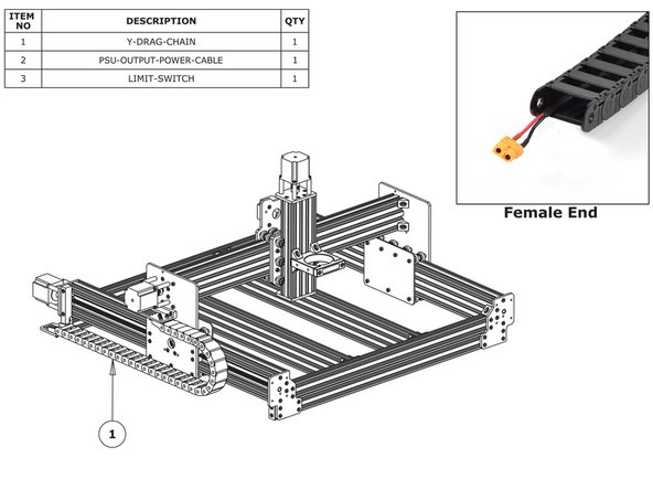 Lay the Y-Drag-Chain flat on a table. Feed the PSU-Output-Power-Cable through the whole length of the Y-Drag-Chain. Ensure that the end with the XT60-Connector, is located at the female end of the Y-Drag-Chain. (as shown in the ‘Female End’ image).
