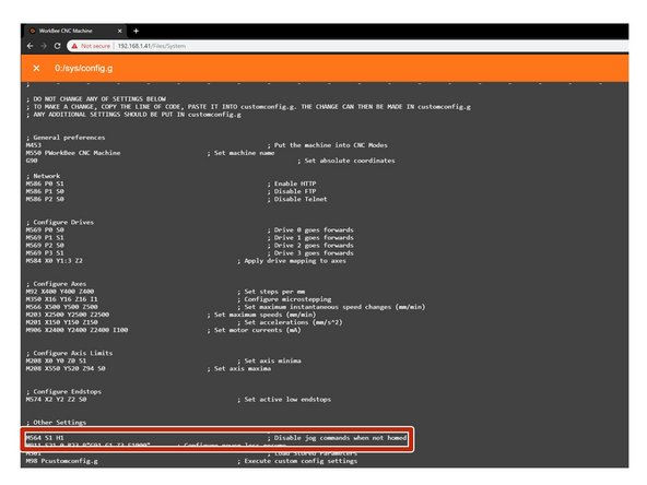 To test the machine we need to check each axis moves correctly. For safety reasons, the firmware is setup so the machine cannot be jogged before it is homed. We need to disable this to test the machine.