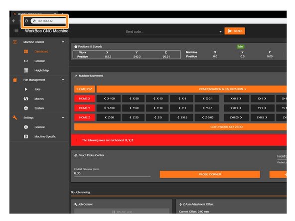 Open your browser and type the IP address assigned to the Duet. We have used 192.168.2.12 as an example.