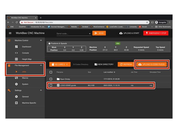 Under File Management -&gt;Jobs click Upload G Code File(s) and locate the G-Code saved previously on your computer.
