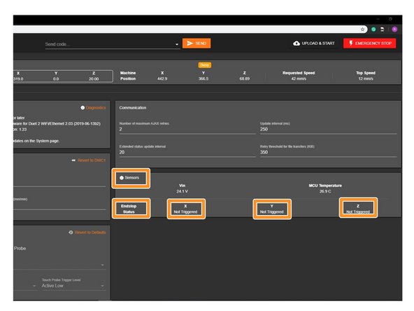 In WorkBee Web Control Navigate to Settings &gt; Machine Specific. Activate the X-Axis limit switch with your finger. Hold for a few seconds. The endstop status should change to 'Triggered'
