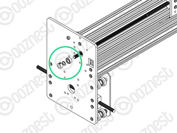 In the gap between the Y-Plate-Left and Flexible-Coupler, insert a F688zz-Bearing, 8mm-Shim, and 8mm-Clamping-Collar. With the F688zz-Bearing closest to the Y-Plate-Left, seated inside the hole.