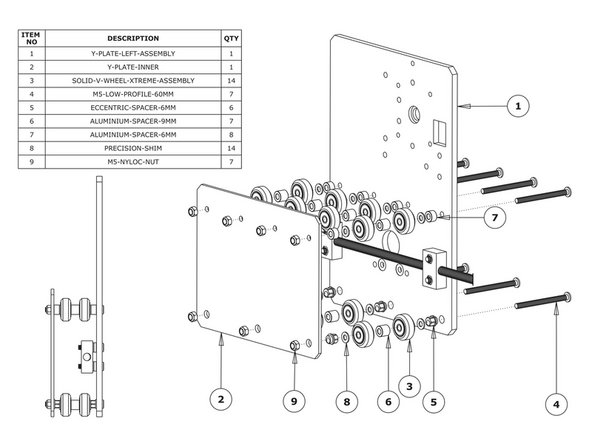 Run any piece of C-Beam extrusion in between the two rows of wheels. Initially, the C-Beam will wobble between the wheels. Turn the assembly upside down so the C-Beam is sitting on the row of wheels with the Aluminium-Spacer-6mms.