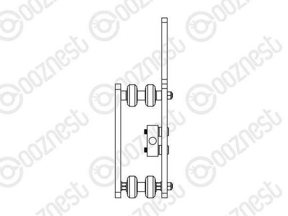 Run any piece of C-Beam extrusion in-between the two rows of wheels. Initially, there may be a small amount of play between the C-Beam and wheels. Turn the assembly upside down so the C-Beam  WorkBee CNC Assembly 18 is sitting on the row of wheels with the Aluminium-Spacer-6mms.