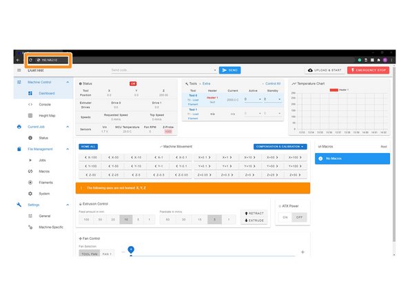 Open your browser and type the IP address assigned to the Duet. We have used 192.168.2.12 as an example.