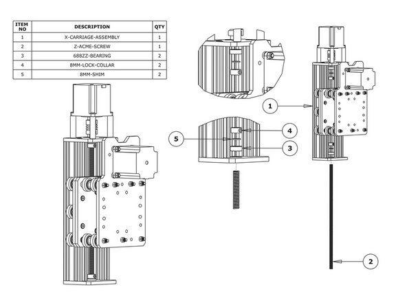 Firmly hold the X-Carriage-Assembly, and check for any up and down play in the CBeam-250mm. If there is any, this is due to backlash in the ACME-AB-Nut-Block. The  set screw which was inserted in Step 3 into the ACME-AB-Nut-Block can be screwed downwards to remove this.