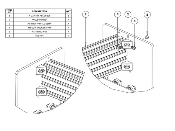 Attach an Angle-Corner to the Y-Plate-Right-Assembly &amp; the front facing top slot of the C-Beam-750mm. A M5-Low-Profile-8mm screws into the Tee-Nut previously inserted, and a M5-Low-Profile-15mm goes though the Angle-Corner and attaches to a M5-Nyloc-Nut on the outside of the Y-Plate-Right-Assembly.