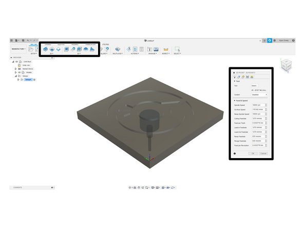 Once the appropriate Toolpath has been selected define the Tool and the relevant Feed &amp; Speed rates for your project selecting the Geometry or model from the workspace.